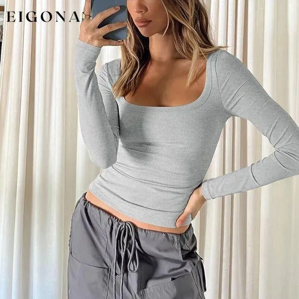 Feminine U-neck tight casual long-sleeved knitted top
