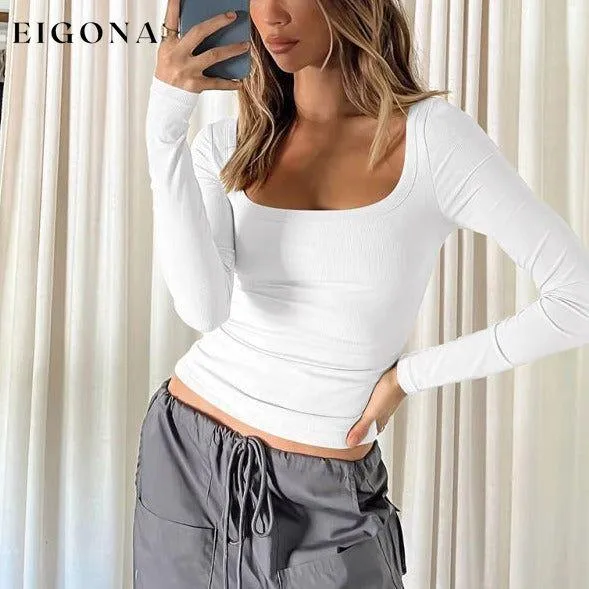 Feminine U-neck tight casual long-sleeved knitted top