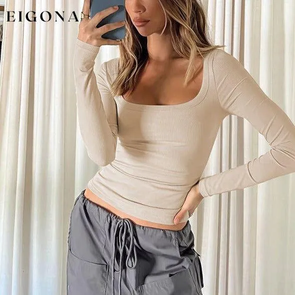 Feminine U-neck tight casual long-sleeved knitted top