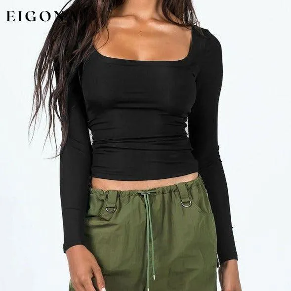 Feminine U-neck tight casual long-sleeved knitted top