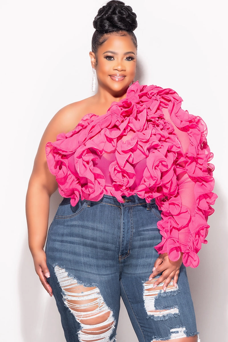 Comfy Fit Final Sale Plus Size Ruffled One Shoulder Crop Top in Pink