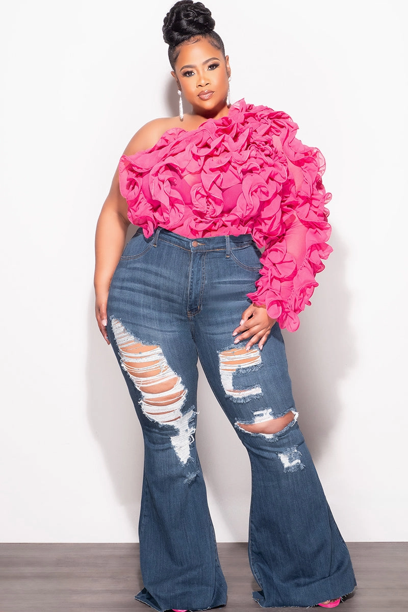 Stylish Waistband City Wear Final Sale Plus Size Ruffled One Shoulder Crop Top in Pink