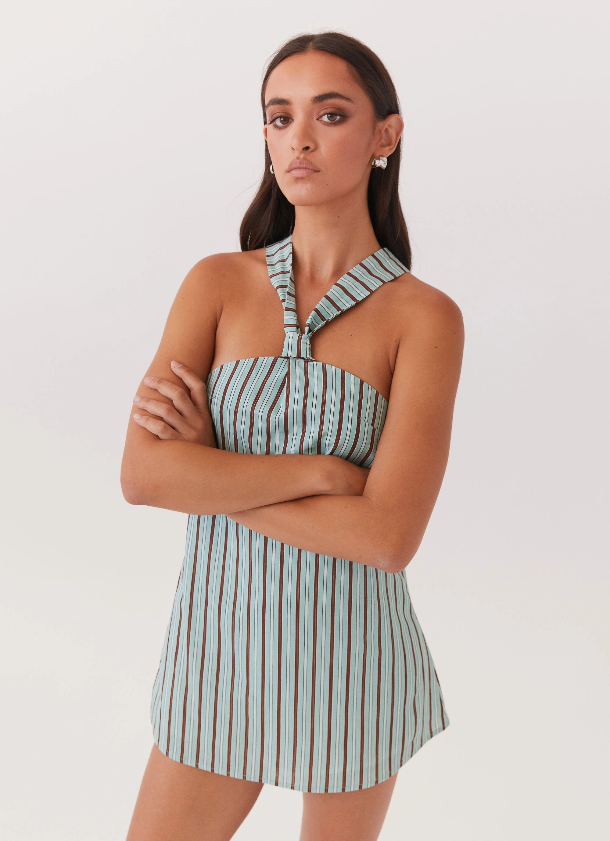 Satin Fabric Keira Linen Mini Dress - Coastal Stripe