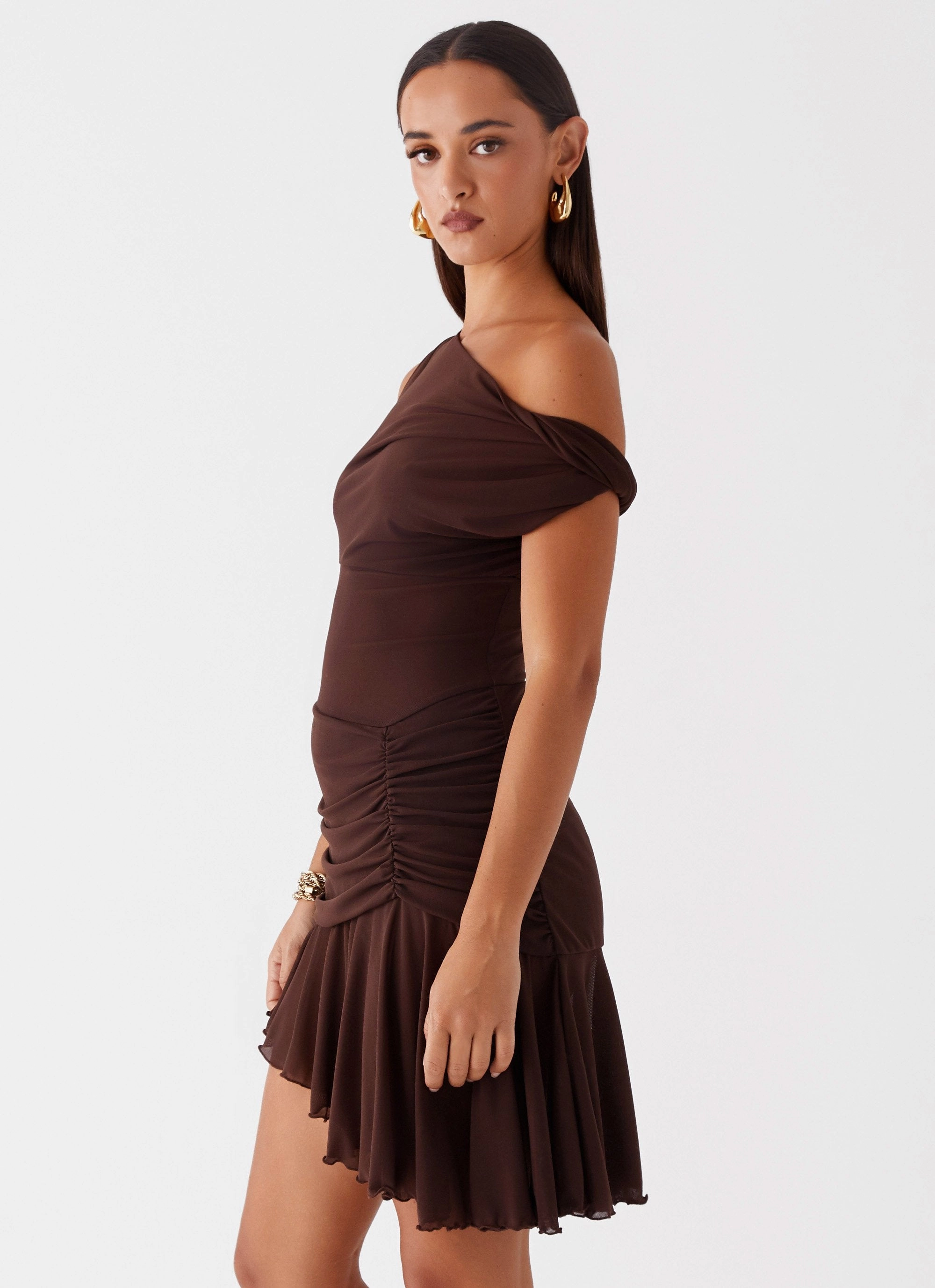 Fernleigh One Shoulder Mini Dress - Chocolate Petite-Size