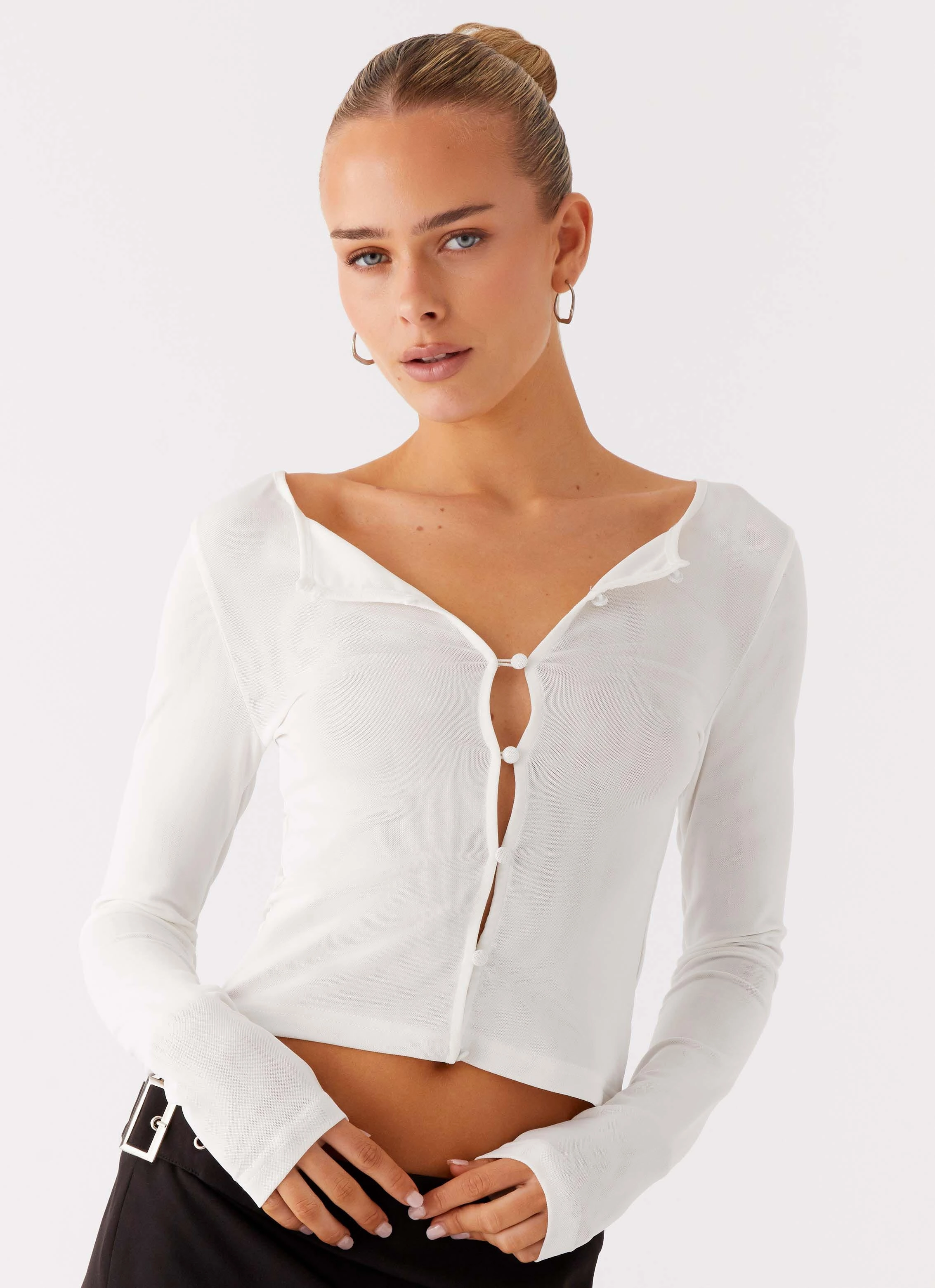 RawEdgedDesign Sandwich Mesh Panel Structure Fifth Ave Mesh Long Sleeve Top - Off White