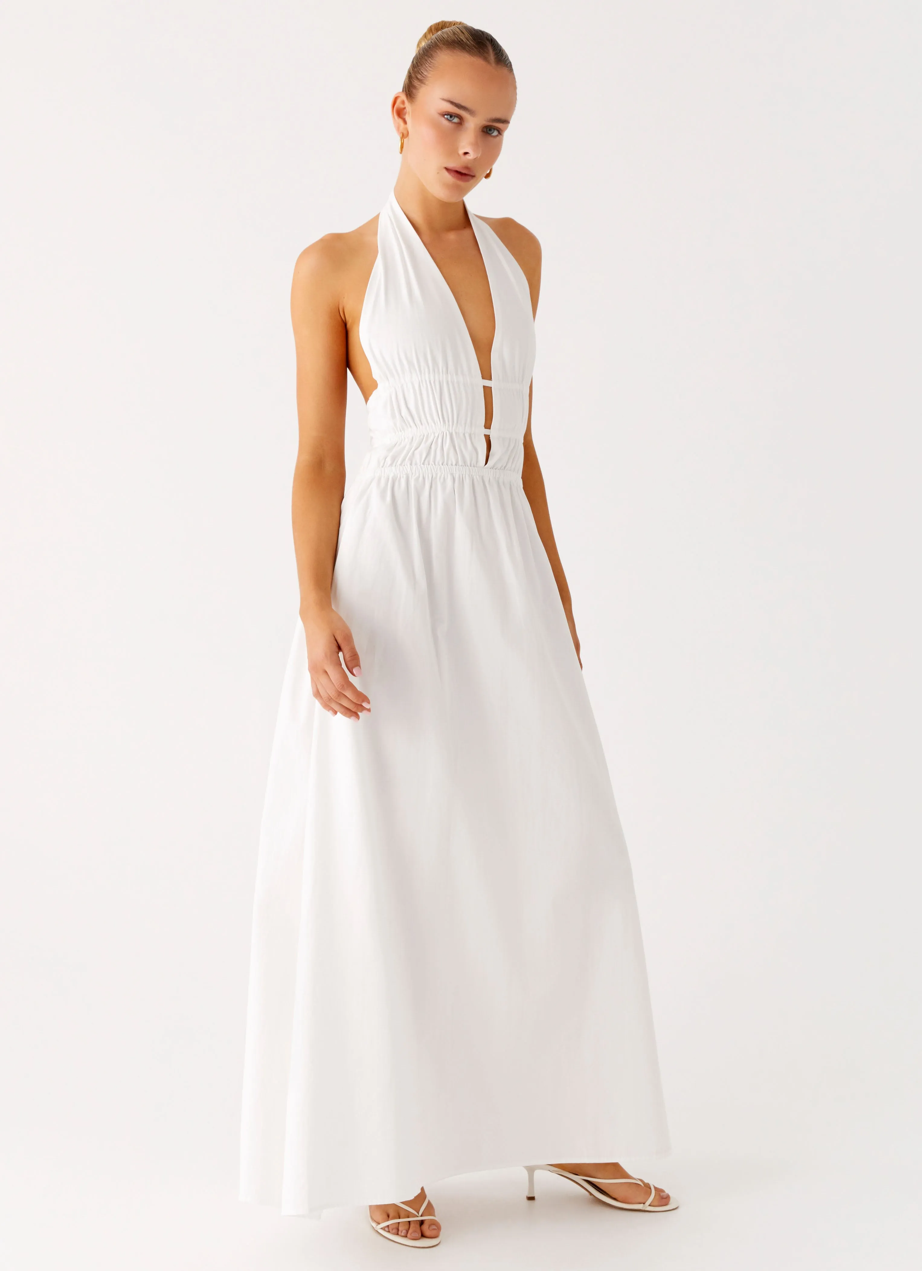 Figaro Halter Maxi Dress - White Soft Appeal Shiny surface