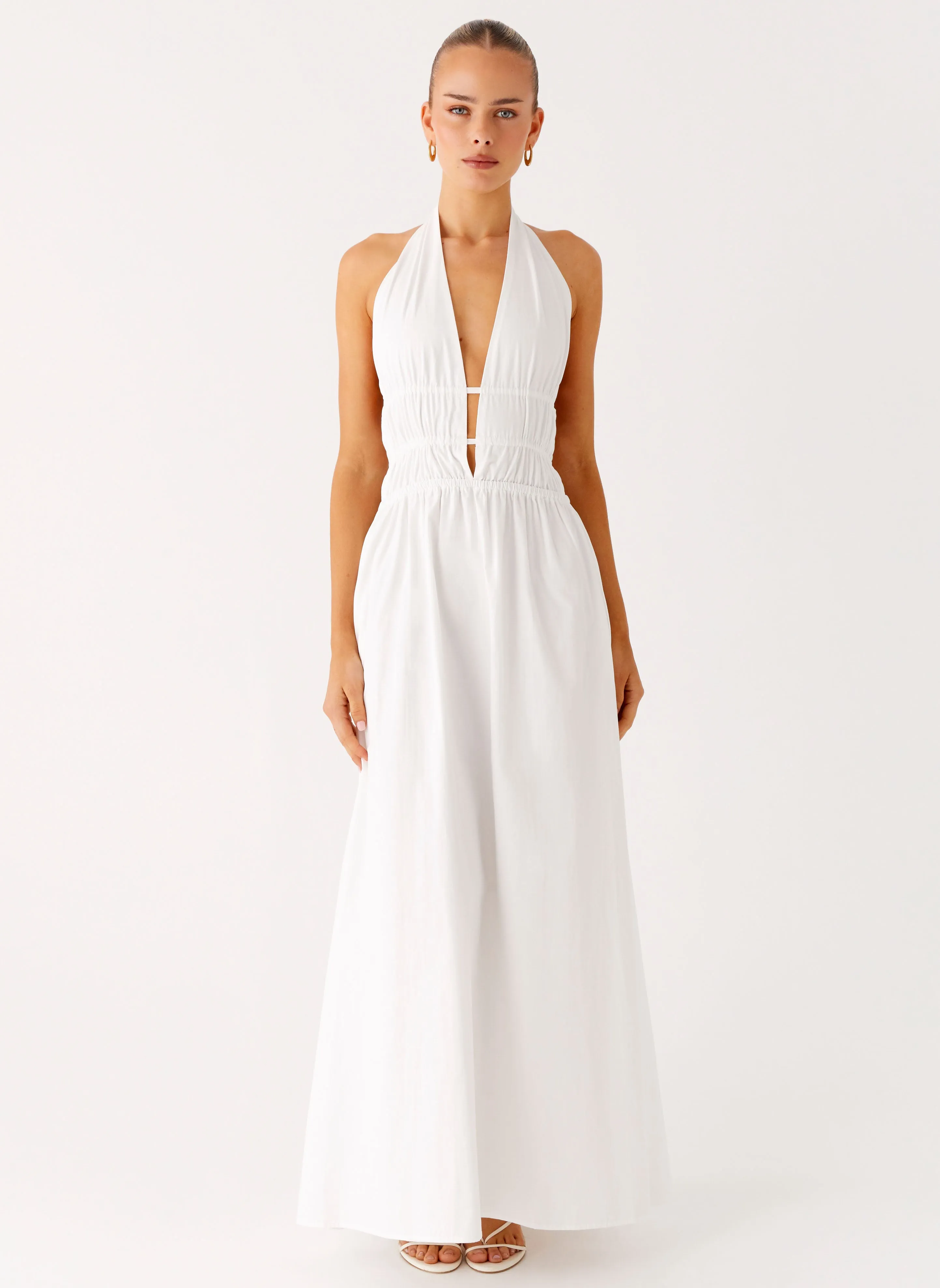 Travel Option Puff-Sleeve Figaro Halter Maxi Dress - White