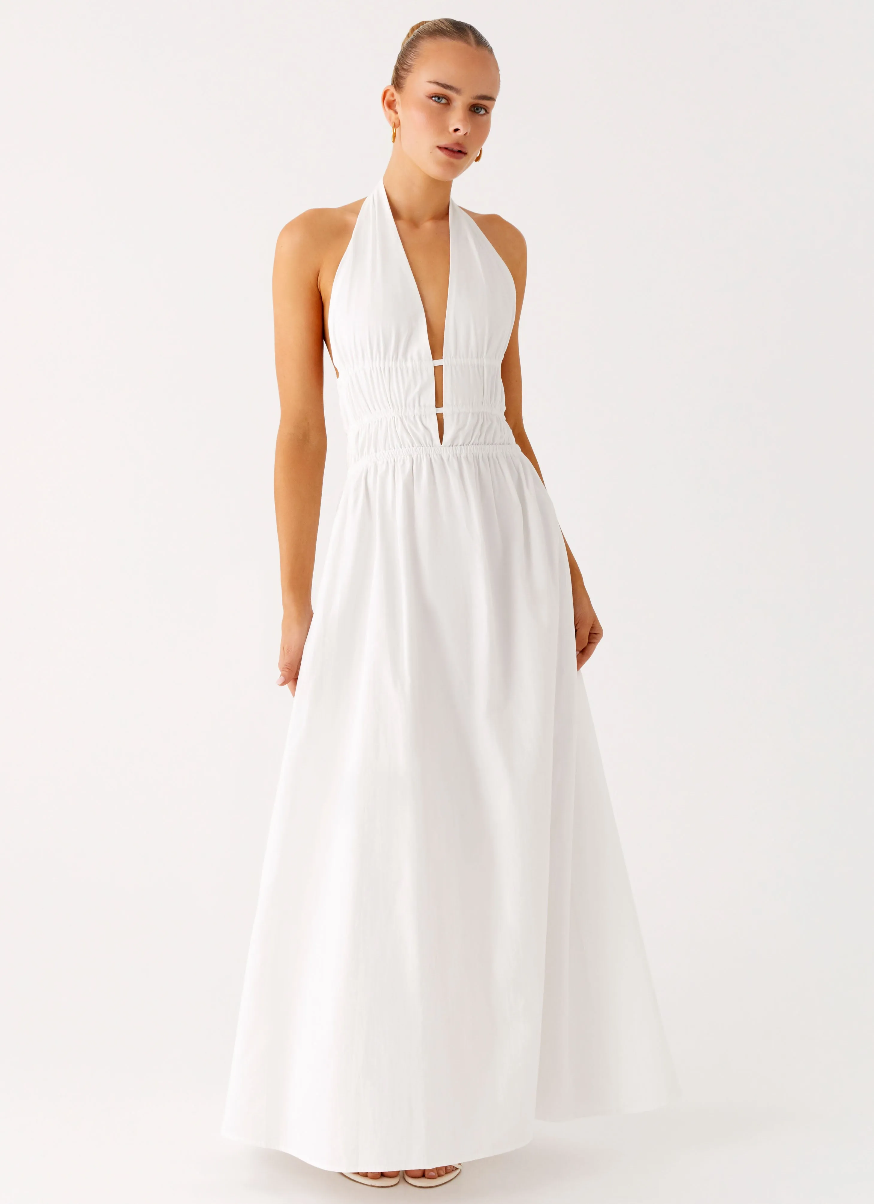 Casual event outfit Comfortable Layering Figaro Halter Maxi Dress - White