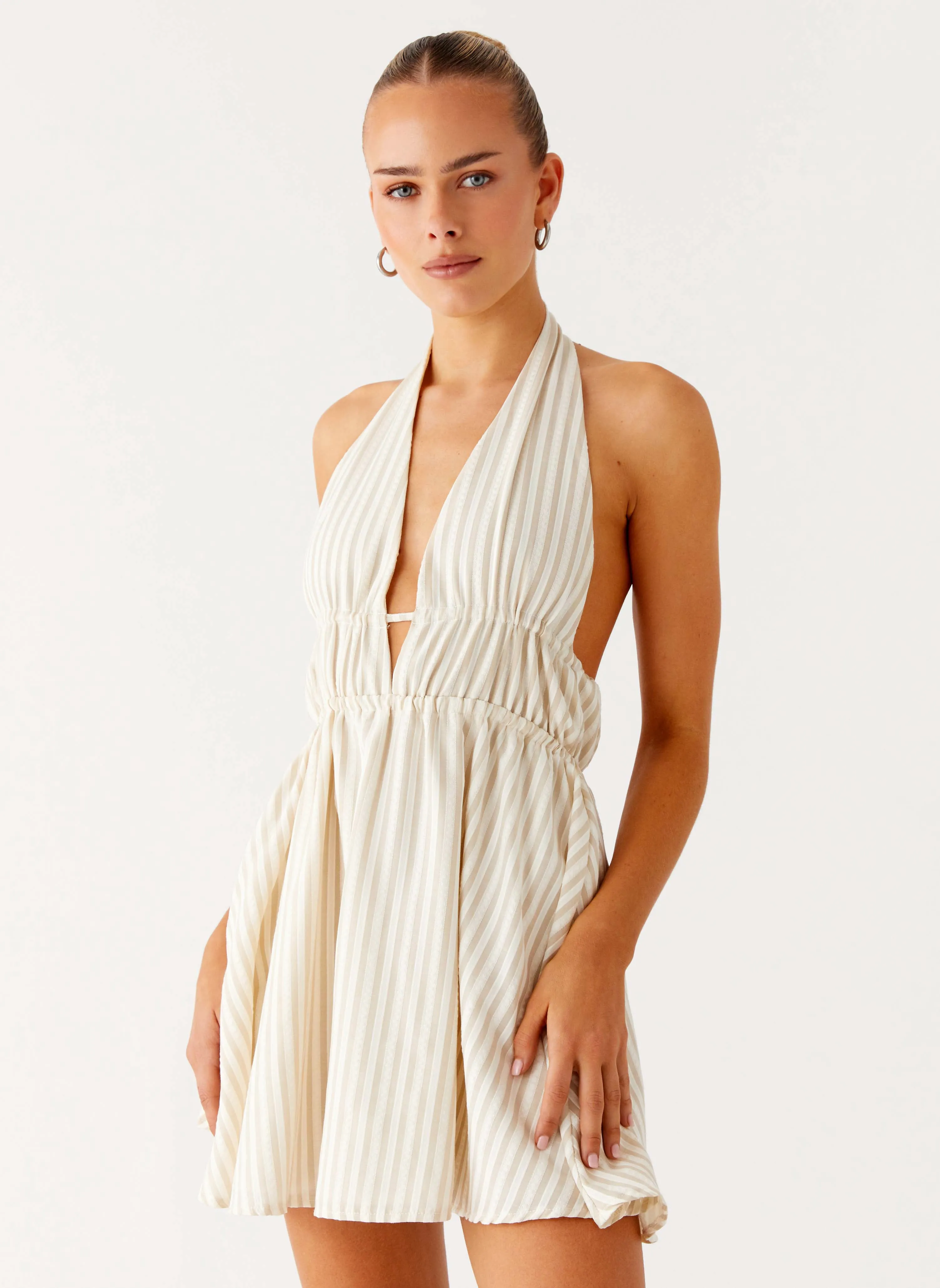 Relaxed Style Wear Fall Silhouette Figaro Halter Mini Dress - Taupe Stripe
