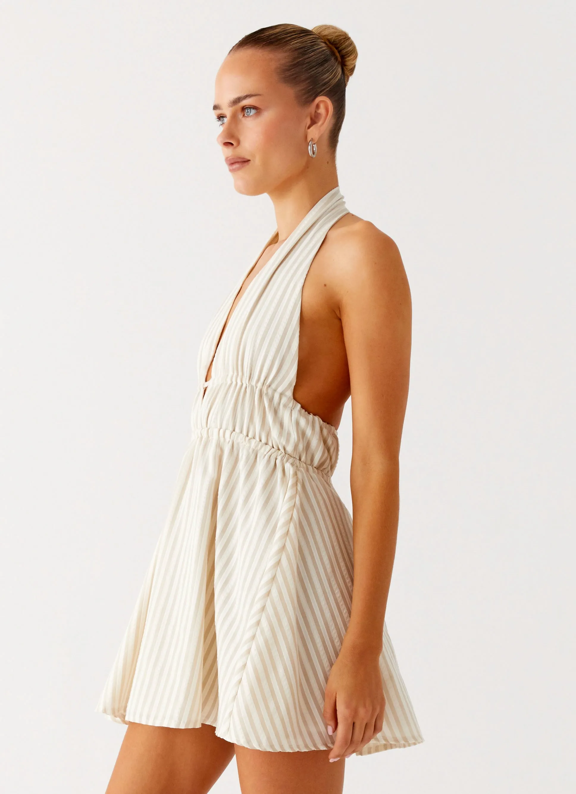 Classic Grace Figaro Halter Mini Dress - Taupe Stripe