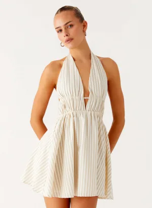 Evening-Wear Figaro Halter Mini Dress - Taupe Stripe