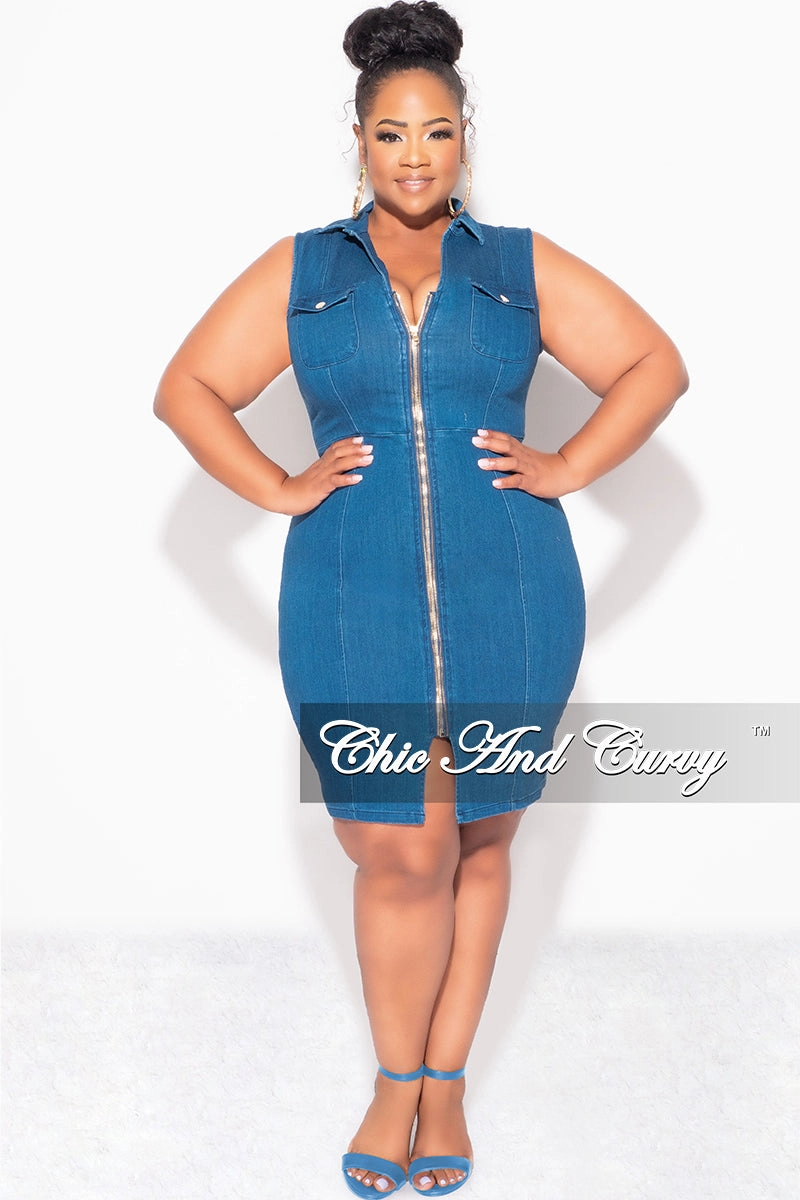 Fina Sale Plus Size Sleeveless Collar ZipUp BodyCon Dress with Front Slit in Dark Denim Non Iron Technology Timeless Comfort Fit