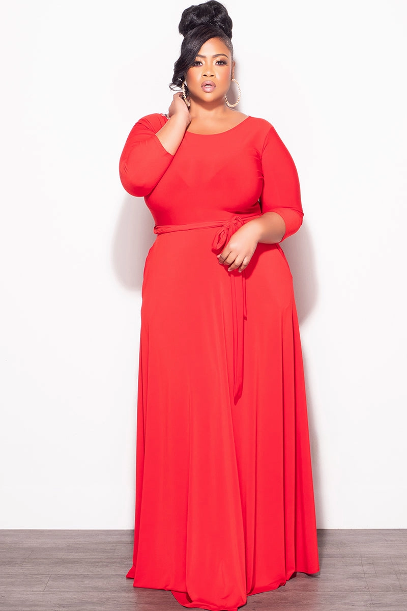 Final Plus Size Long Dress with 3/4 Sleeve and Tie in Red WrinkleFree Structure