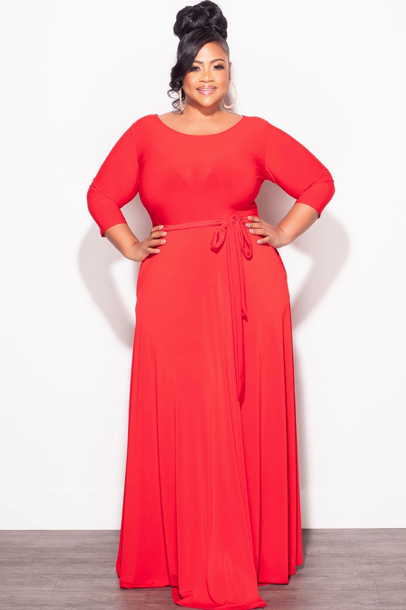 Breathable Hoodie Basic Wardrobe Final Plus Size Long Dress with 3/4 Sleeve and Tie in Red