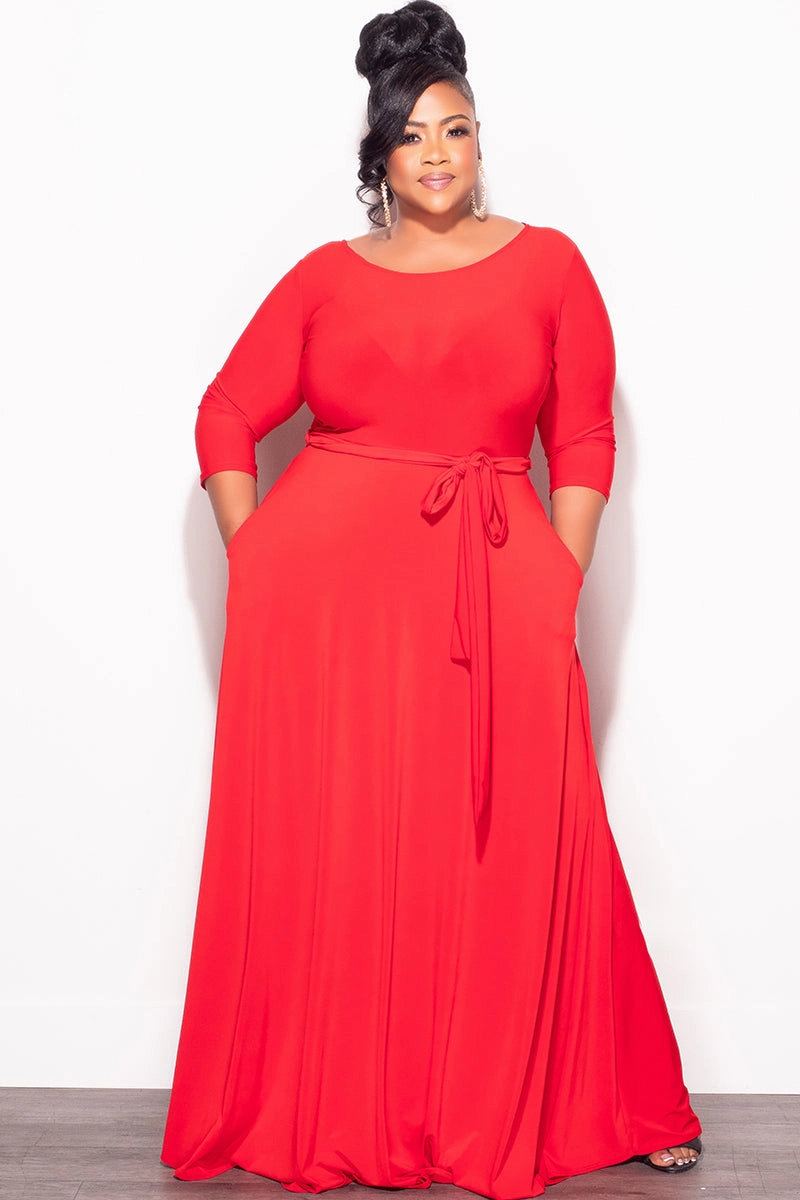 Final Plus Size Long Dress with 3/4 Sleeve and Tie in Red DoubleStitchedHem Durable Binding