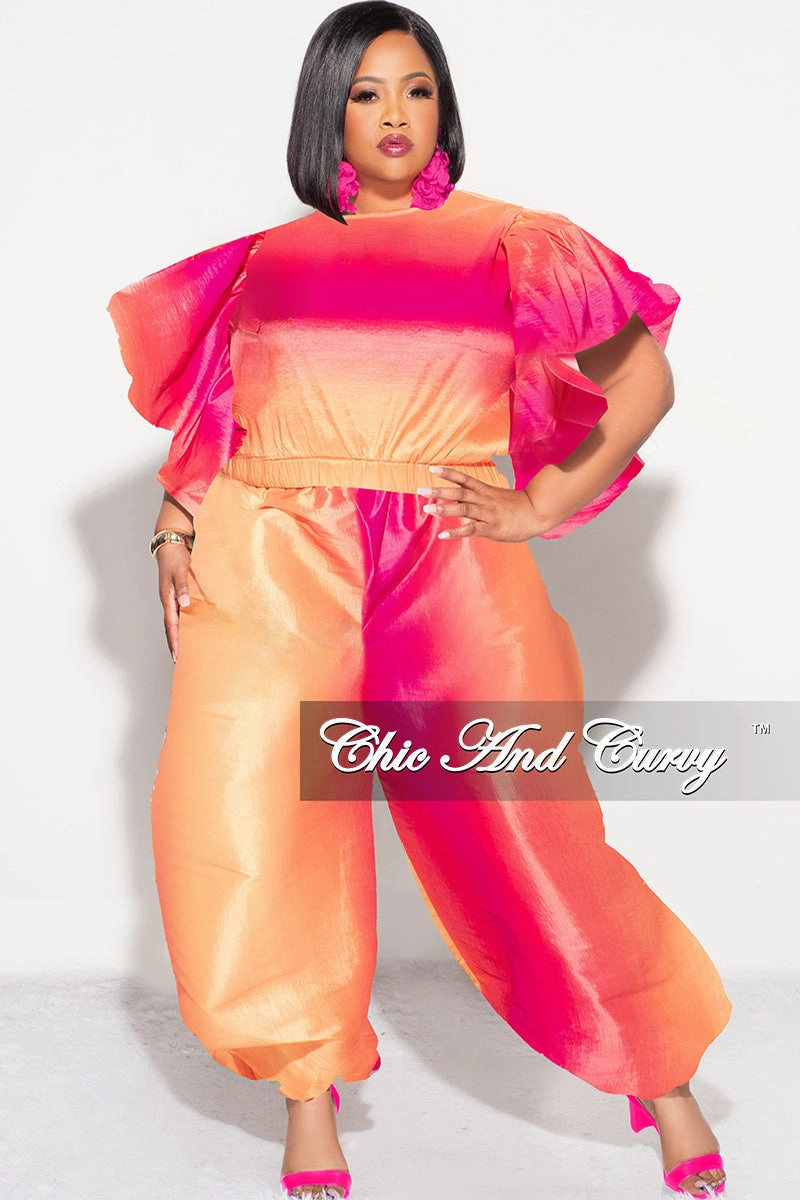 Final Sale Plus 2pc Ruffle Top and Balloon Pants Set in Fuchsia Ombre Color Print Casual Layer Fit Modern Waist