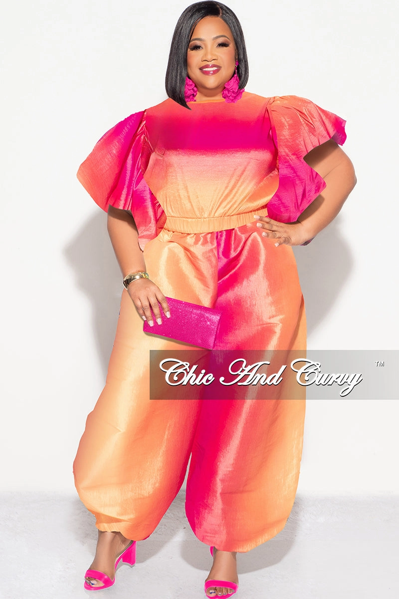 Final Sale Plus 2pc Ruffle Top and Balloon Pants Set in Fuchsia Ombre Color Print Comfort Design