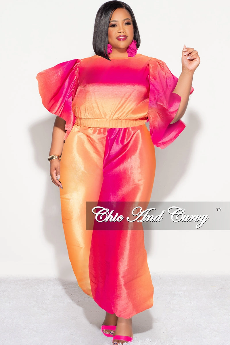 Final Sale Plus 2pc Ruffle Top and Balloon Pants Set in Fuchsia Ombre Color Print SeamlessPockets NonRestrictiveCut