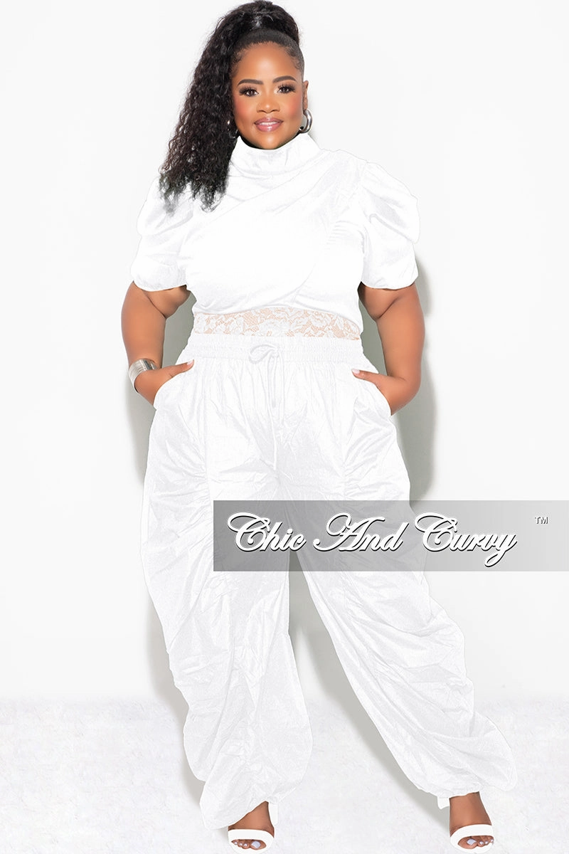 Comfort Wearable Final Sale Plus 3pc (Ruffle Top, Lace Spaghetti Strap Top and Drawstring Pants) Set in White