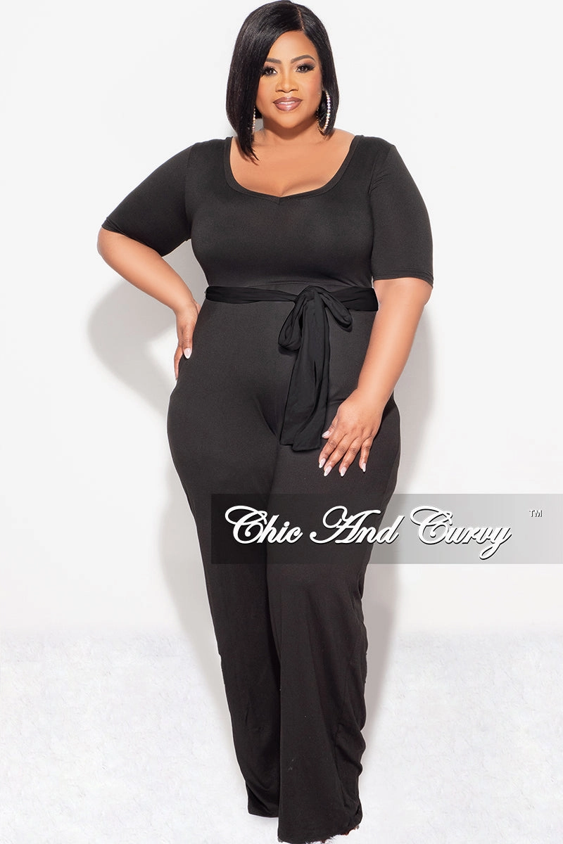Final Sale Plus Jumpsuit with Tie in Black Odor Control Technology Lightweight Feel