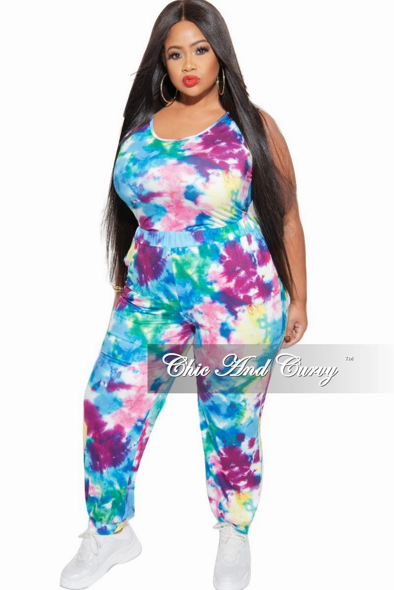 Dynamic Fit AdjustableDrawstring Final Sale Plus Size 2 pc Set Tank Bodysuit & Jogger Pants in Multi-Colors