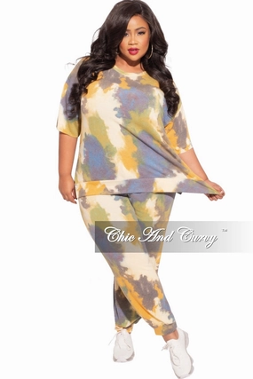 Final Sale Plus Size 2-Pc (Top & Pants) Set in Mustard & Blue Print Modular Pocket System