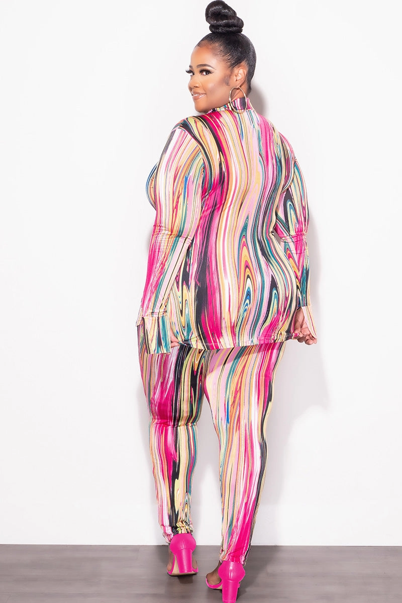 Eco Friendly Dyeing Final Sale Plus Size 2-Piece Button Up Collar Top and Pants Set in Multi Color Print