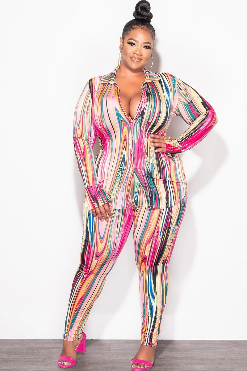 Final Sale Plus Size 2-Piece Button Up Collar Top and Pants Set in Multi Color Print Tapered Look