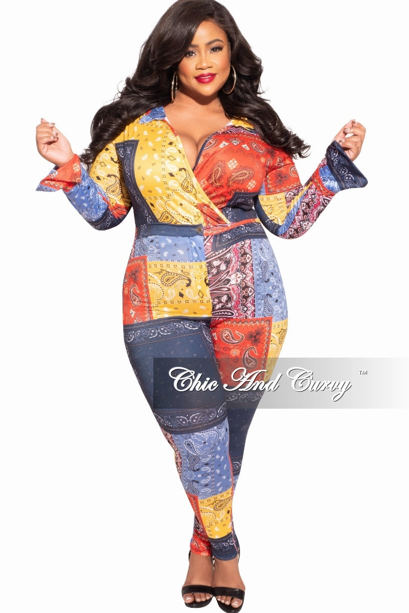 Comfy Vibes Final Sale Plus Size 2-Piece Collared Faux Wrap Bodysuit and Pants Set in Bandana Print