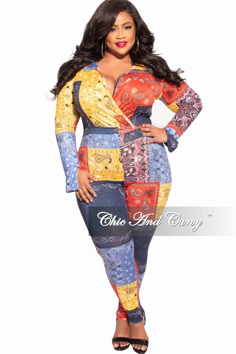 Final Sale Plus Size 2-Piece Collared Faux Wrap Bodysuit and Pants Set in Bandana Print Roomy Shape Slim Waist