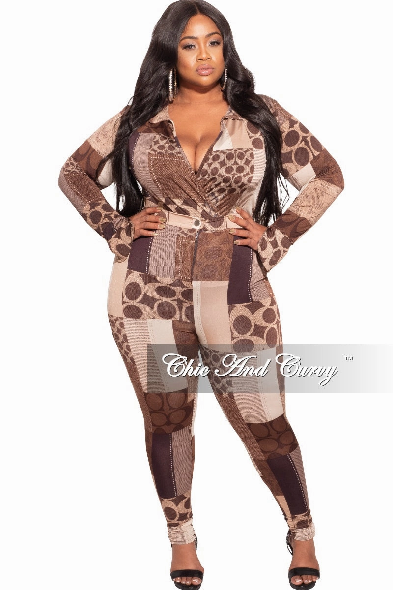 Final Sale Plus Size 2-Piece Collared Faux Wrap Bodysuit and Pants Set in Brown Print Odor control Travel Friendly