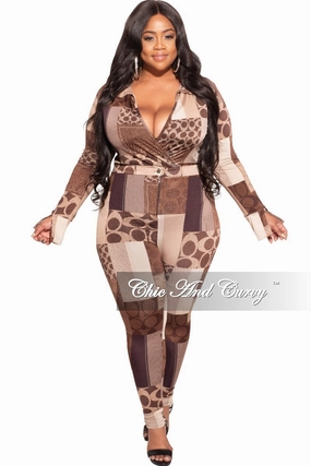 tailored look Wrinkle Resistant Final Sale Plus Size 2-Piece Collared Faux Wrap Bodysuit and Pants Set in Brown Print