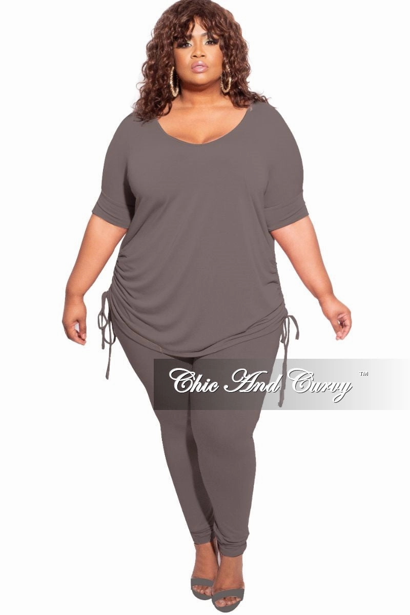 Stretch Flex Durable Material Final Sale Plus Size 2-Piece Drawstring Top and Legging Set in Charcoal Grey