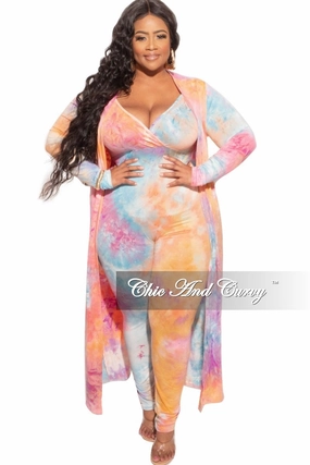 MoistureControlLiner Final Sale Plus Size 2-Piece Duster & Spaghetti Strap Jumpsuit Set in Rainbow Sherbet Print