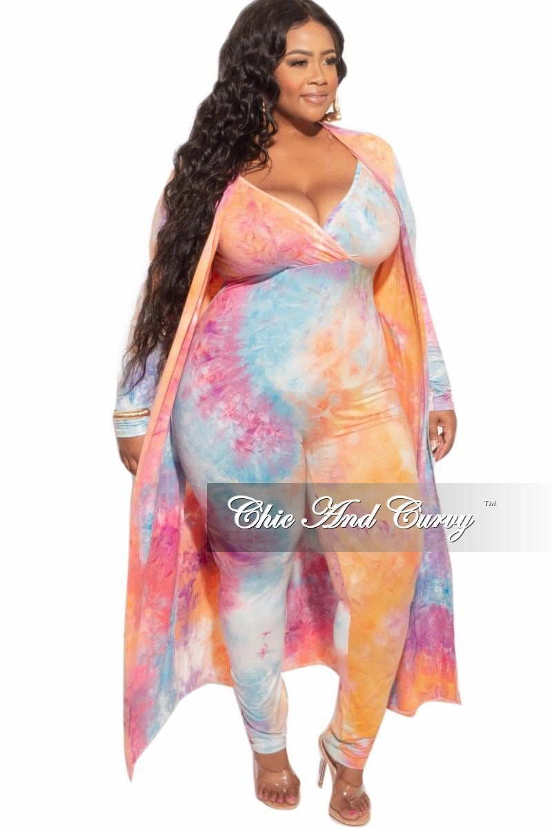 Breathable Stretch Final Sale Plus Size 2-Piece Duster & Spaghetti Strap Jumpsuit Set in Rainbow Sherbet Print