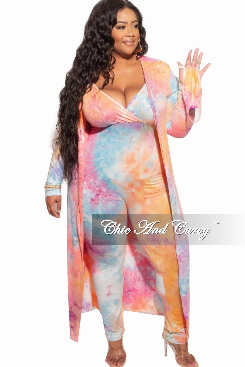 Comfy Feel Fitted Design Final Sale Plus Size 2-Piece Duster & Spaghetti Strap Jumpsuit Set in Rainbow Sherbet Print
