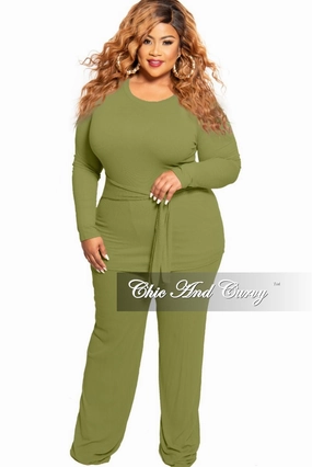 Body Movement Cozy Lining Final Sale Plus Size 2-Piece Long Sleeve Ribbed Tie Top and Pants Set in Olive