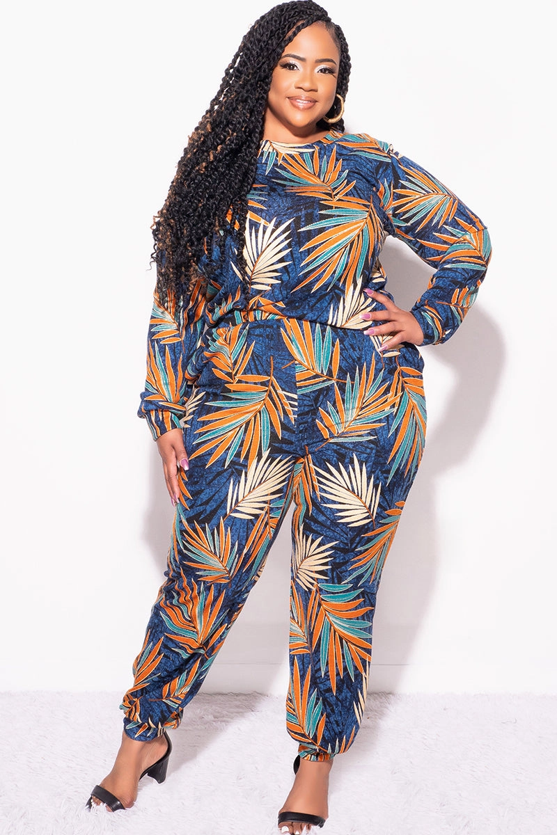 Final Sale Plus Size 2-Piece Long Sleeve Top and Pants Set in Navy Multi Color Leaf Print Versatile Layering