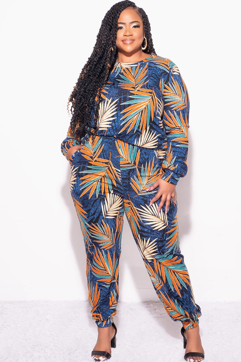 Final Sale Plus Size 2-Piece Long Sleeve Top and Pants Set in Navy Multi Color Leaf Print AntiStaticLining Formal Look