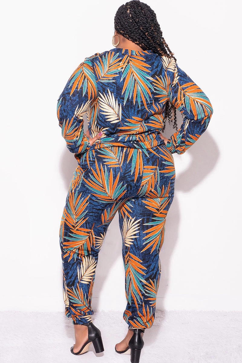 Compression Fit Final Sale Plus Size 2-Piece Long Sleeve Top and Pants Set in Navy Multi Color Leaf Print