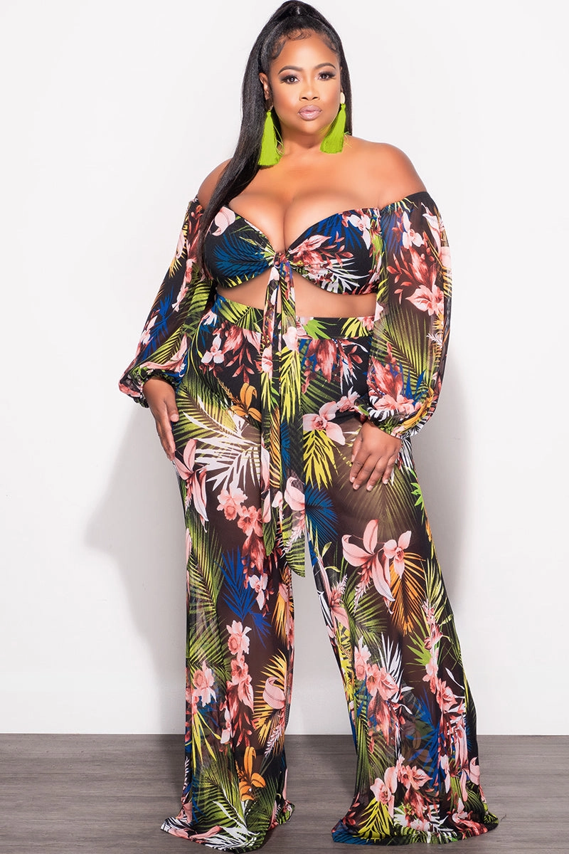 Perfect Length Chilly Day Ready Final Sale Plus Size 2 Piece Mesh Set with Off the Shoulder Top & Pants Tropical Print