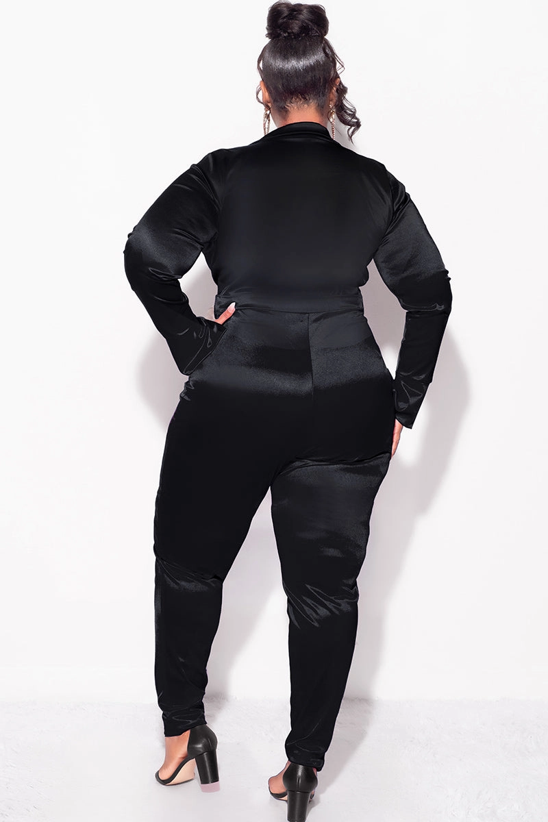 Final Sale Plus Size 2-Piece Satin Collared Faux Wrap Bodysuit and Pants Set in Black Relax Mode