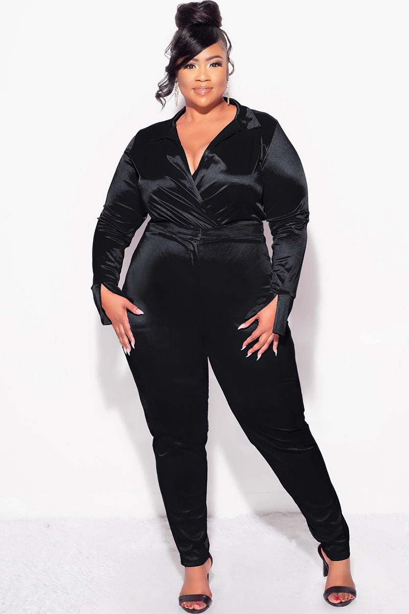 Final Sale Plus Size 2-Piece Satin Collared Faux Wrap Bodysuit and Pants Set in Black Sleek Comfort