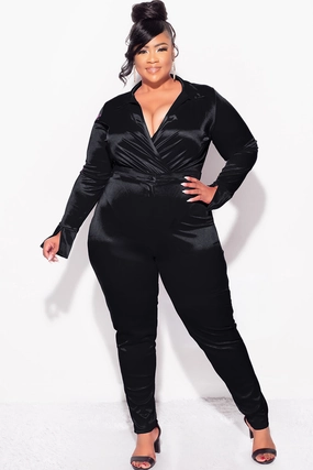 Final Sale Plus Size 2-Piece Satin Collared Faux Wrap Bodysuit and Pants Set in Black Snag Free Fabric All Fit