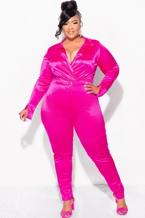 ThermalRegulation Final Sale Plus Size 2-Piece Satin Collared Faux Wrap Bodysuit and Pants Set in Fuchsia