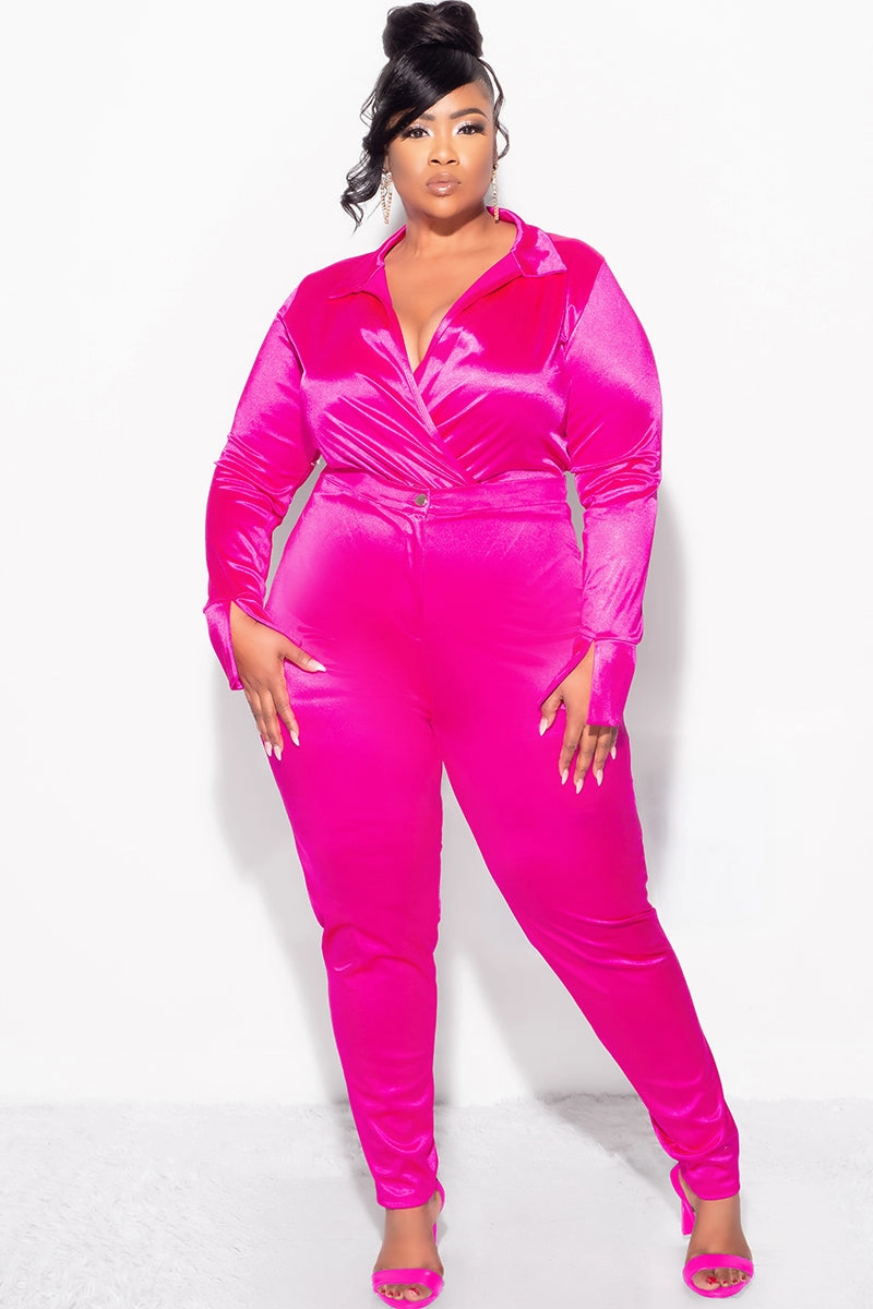 Non slip grip Final Sale Plus Size 2-Piece Satin Collared Faux Wrap Bodysuit and Pants Set in Fuchsia