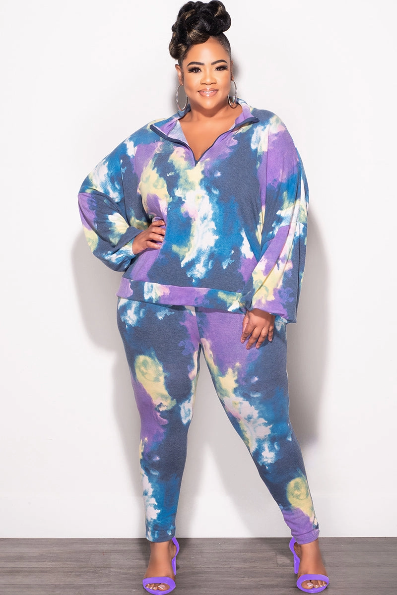 Final Sale Plus Size 2-Piece Set Long Sleeve Top & Pants in Purple & Yellow Tie Dye Non Irritating Casual Fit Design