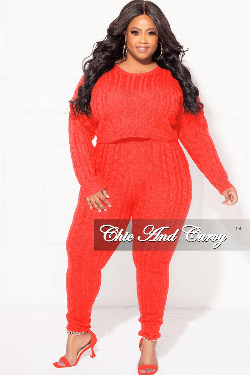 Final Sale Plus Size 2-Piece Sweater Pants Set in Red Mesh Comfort