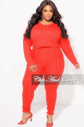 Final Sale Plus Size 2-Piece Sweater Pants Set in Red Mesh Comfort