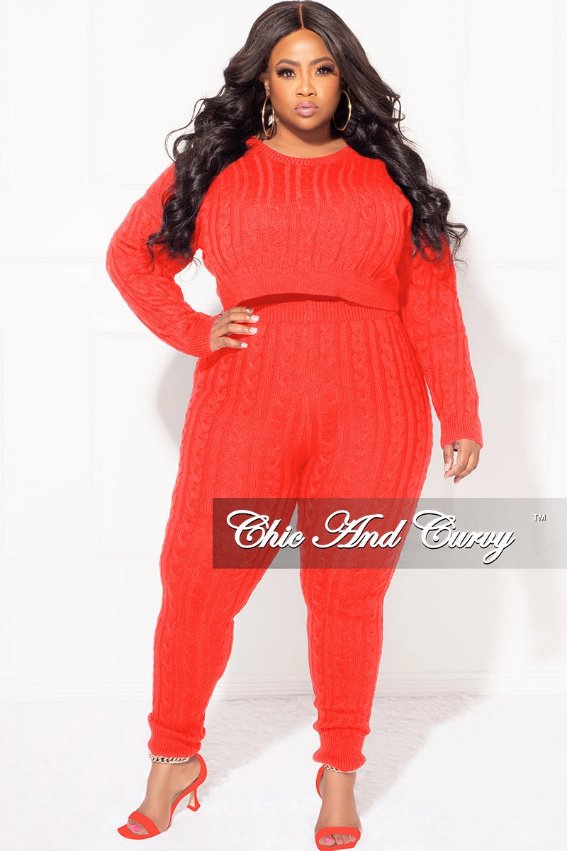 Double Stitched Final Sale Plus Size 2-Piece Sweater Pants Set in Red